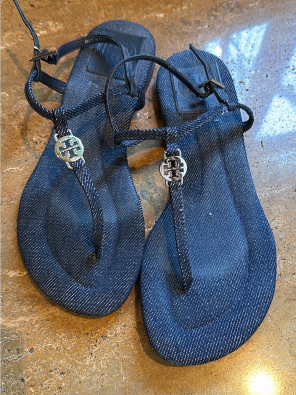 Tory Burch Dark Navy Denim Logo T-Strap Sandals